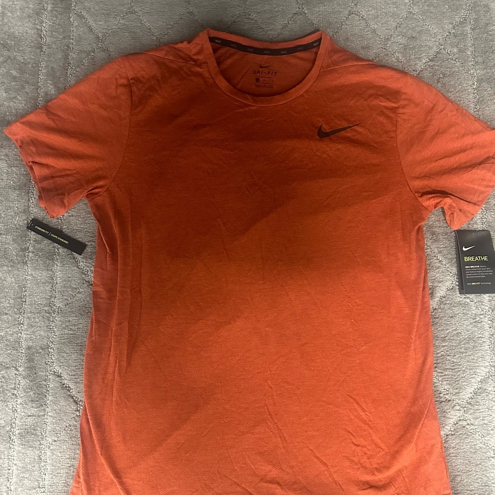 Nike T Shirt Mens Size L Orange Swoosh Training Active Short Sleeve